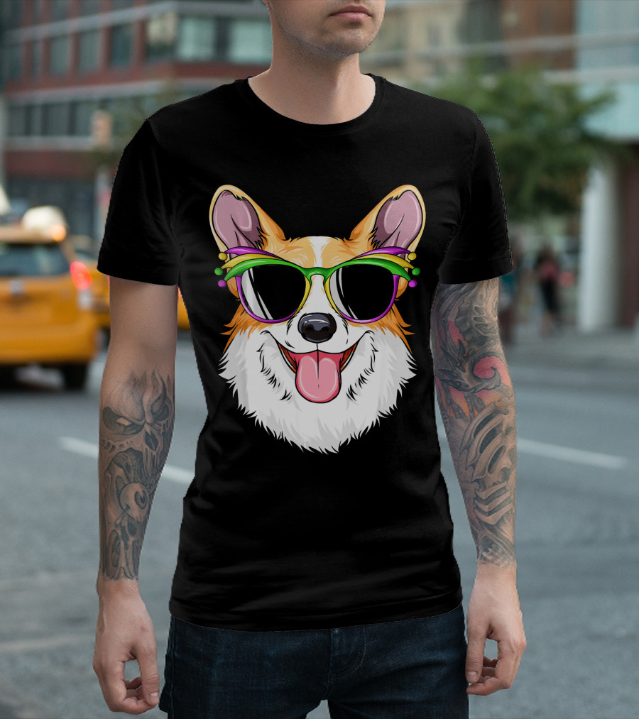 Mardi Gras Corgi with Carnival Mask and Glasses T-Shirt