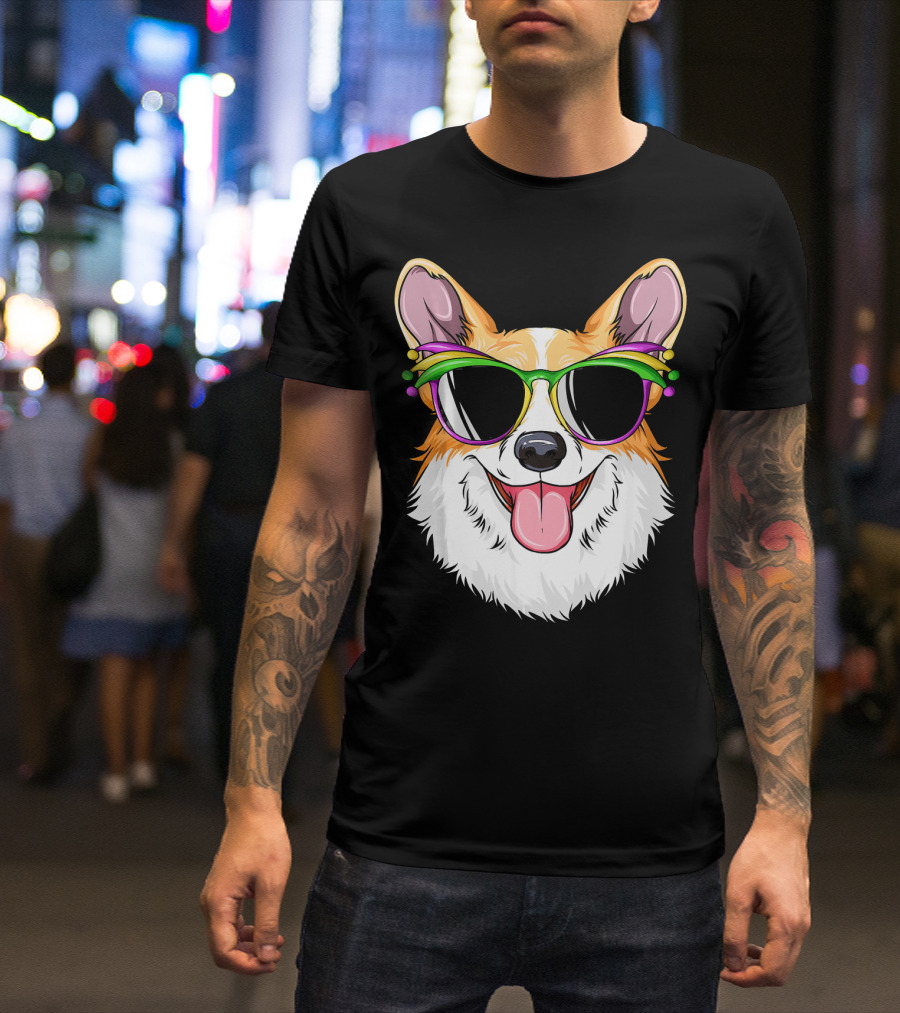 Mardi Gras Corgi With Carnival Mask And Glasses T-Shirt