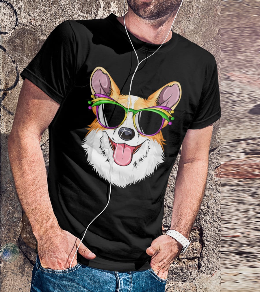 Mardi Gras Corgi With Carnival Mask And Glasses T-Shirt