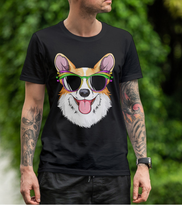Mardi Gras Corgi With Carnival Mask And Glasses T-Shirt