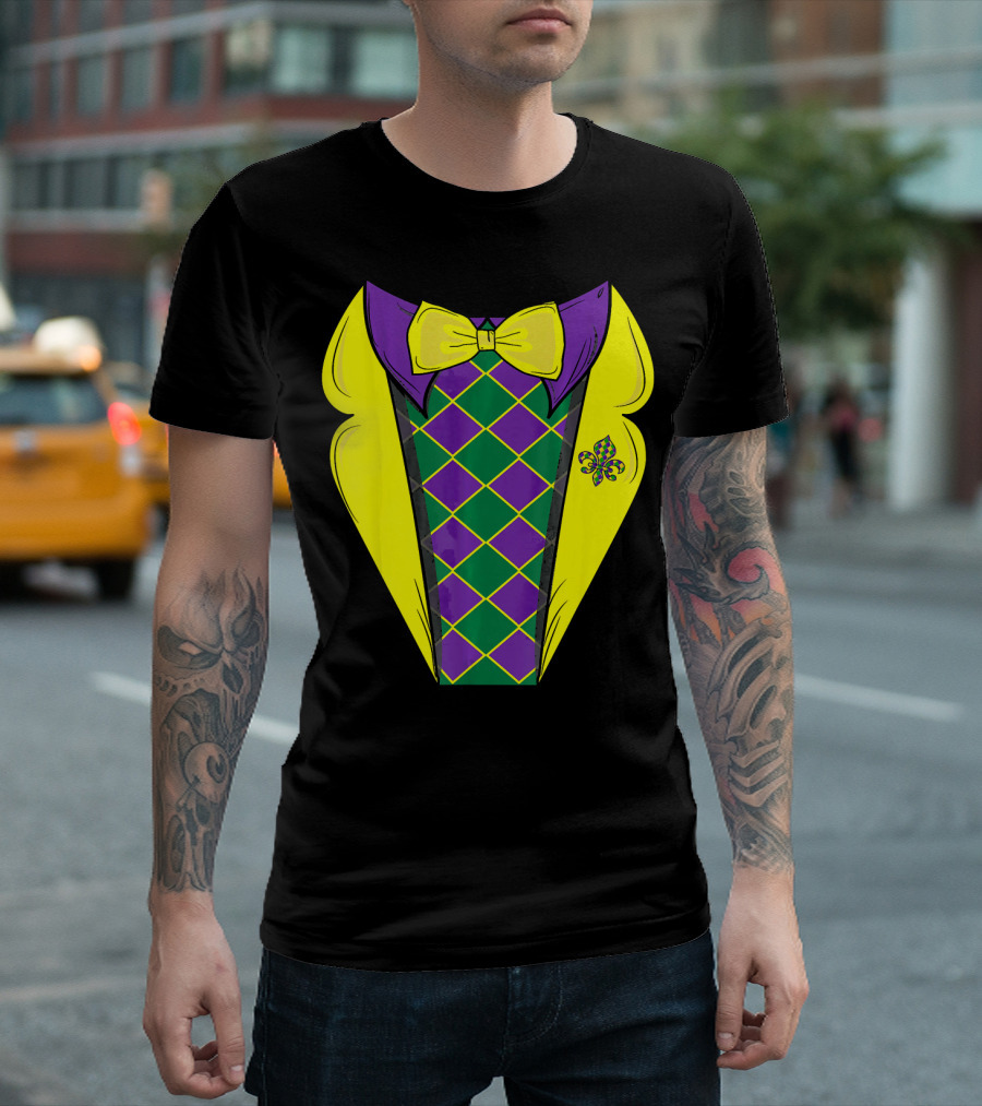 Mardi Gras Tuxedo Funny Party with Yellow Bowtie and Fleur-de-Lis T-Shirt