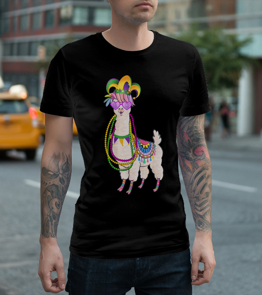 Mardi Gras Beads Masked Llama With Jester Hat T-Shirt