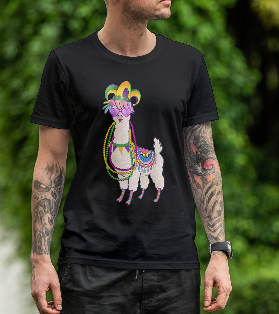 Mardi Gras Beads Masked Llama With Jester Hat T-Shirt