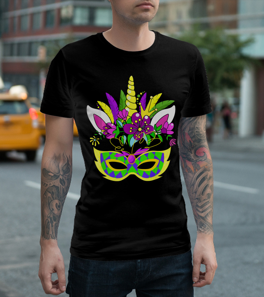 Mardi Gras Unicorn Mask Flowered Headdress T-Shirt