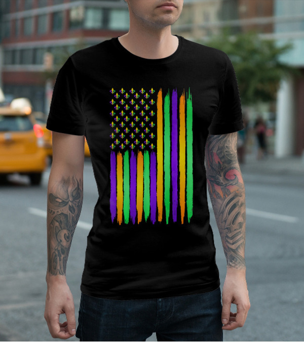 American Flag Fleur De Lis USA Flag Mardi Gras Colors T-Shirt