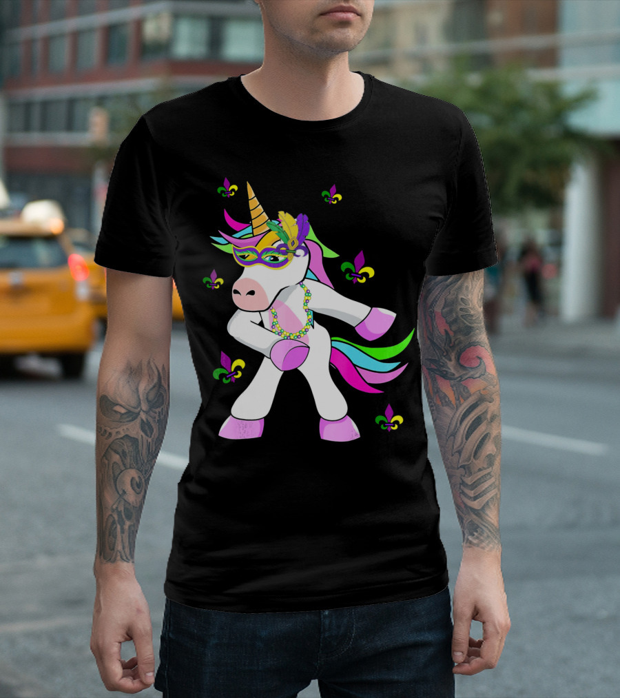 Mardi Gras Flossing Unicorn Fleur De Lis Mask Feathers Beads T-Shirt