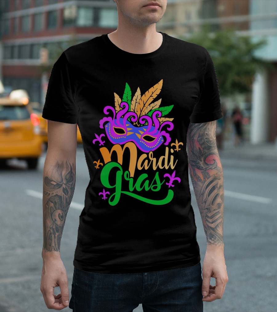 Mardi Gras Mask with Feathers and Fleur-de-Lis T-Shirt