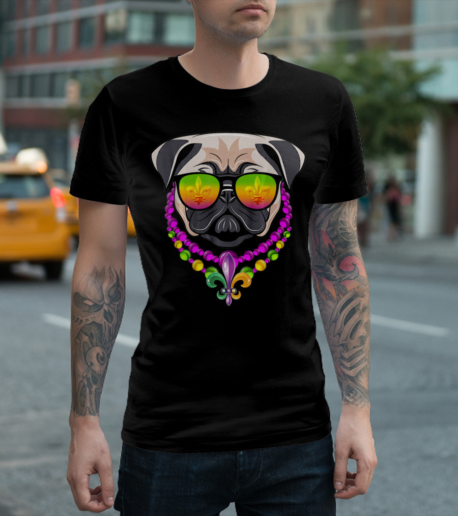 Mardi Gras Pug with Beads and Fleur-de-Lis Sunglasses T-Shirt