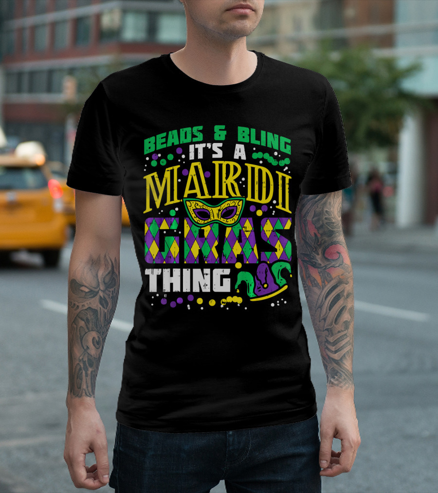 Beads and Bling It's a Mardi Gras Thing with Mask and Jester Hat T-Shirt