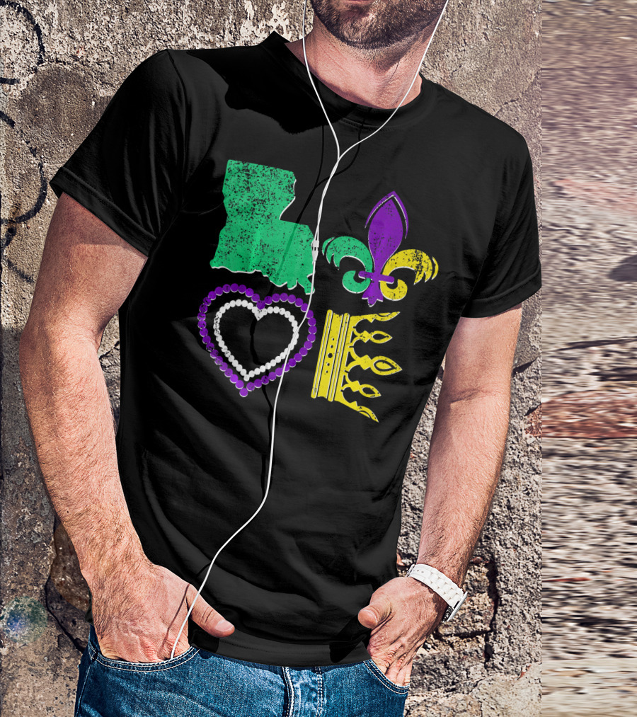 Louisiana Love Mardi Gras Fleur-de-Lis Beads Crown T-Shirt