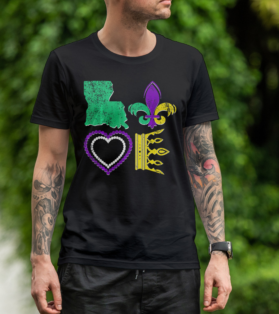 Louisiana Love Mardi Gras Fleur-de-Lis Beads Crown T-Shirt