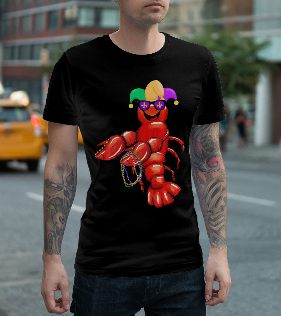 Flossing Mardi Gras Bead Jester Hat Crawfish With Sunglasses T-Shirt