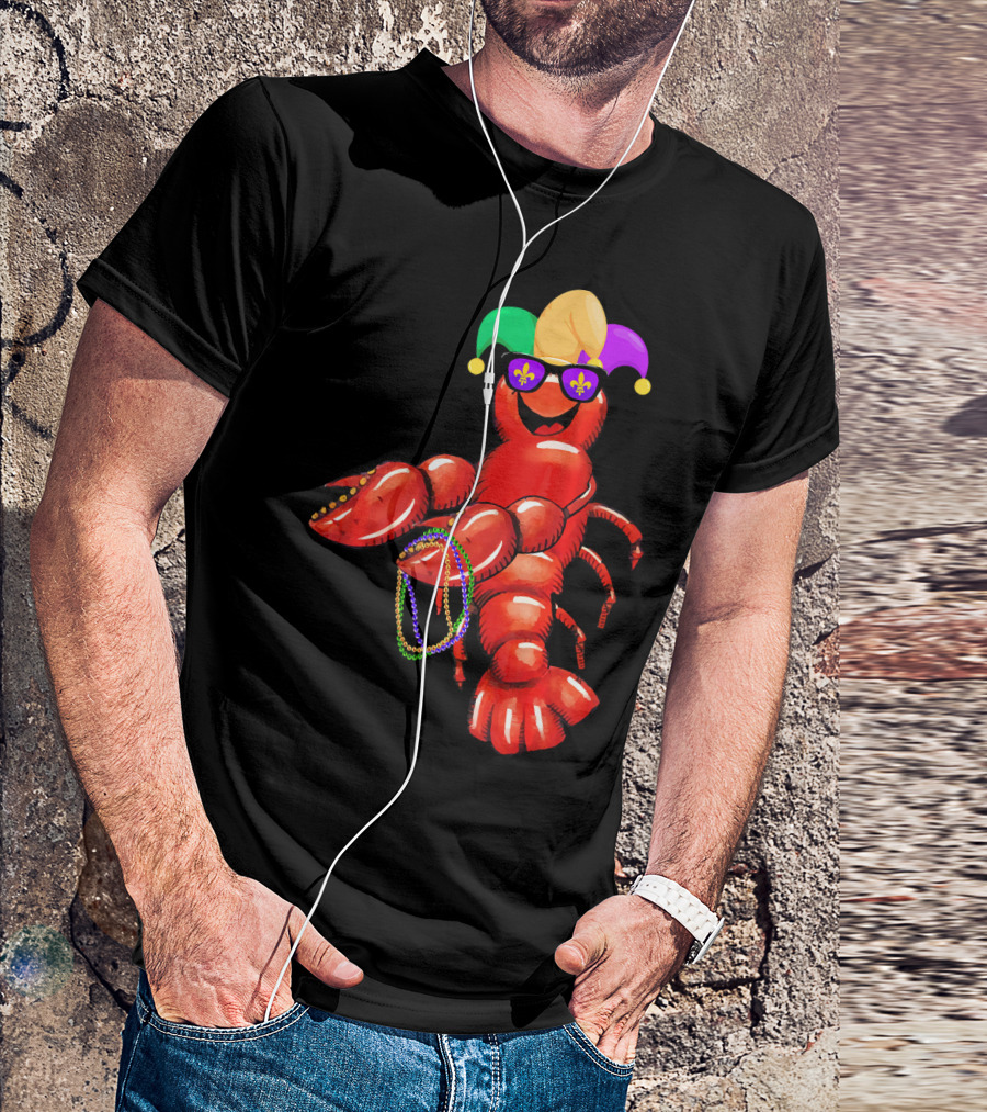 Flossing Mardi Gras Bead Jester Hat Crawfish With Sunglasses T-Shirt