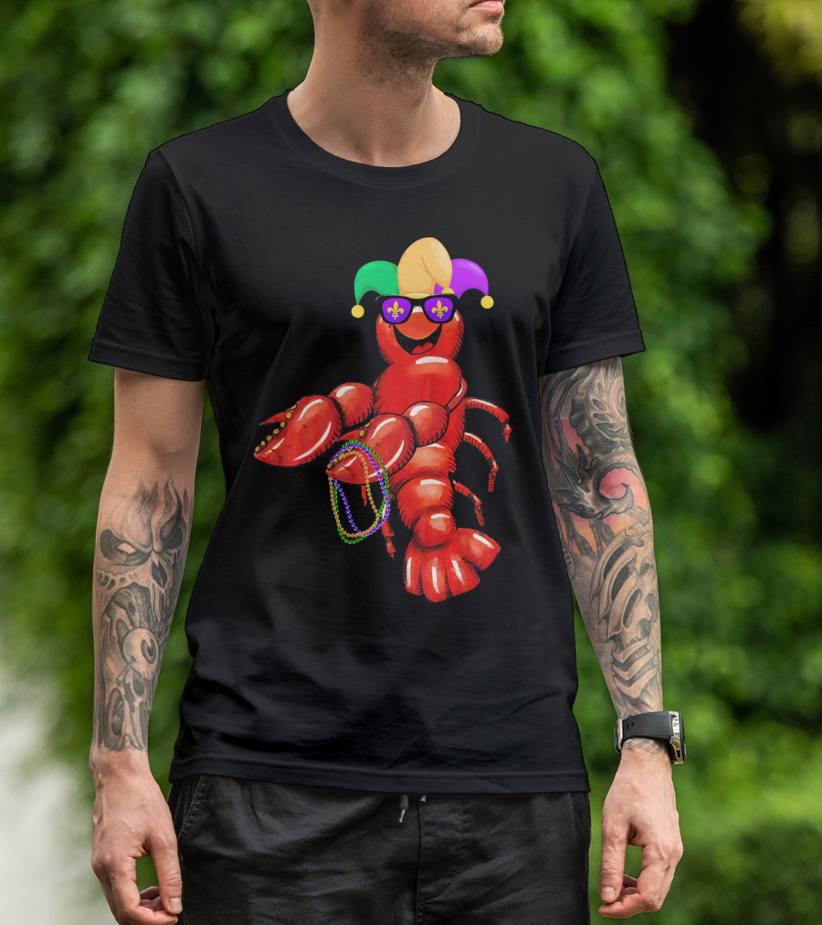 Flossing Mardi Gras Bead Jester Hat Crawfish With Sunglasses T-Shirt