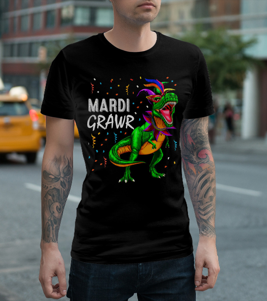 Mardi Grawr Rex Dinosaur Festive Costume with Confetti T-Shirt