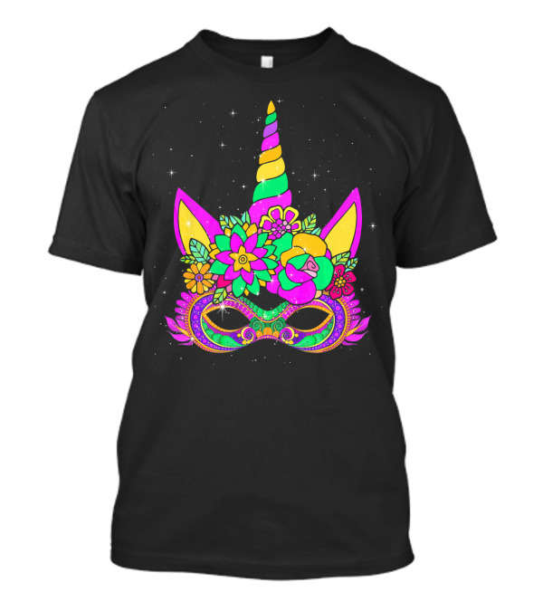 Mardi Gras Unicorn Floral Mask With Colorful Decorations T-Shirt
