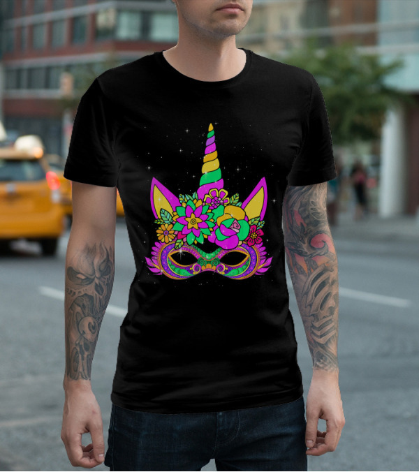 Mardi Gras Unicorn Floral Mask With Colorful Decorations T-Shirt