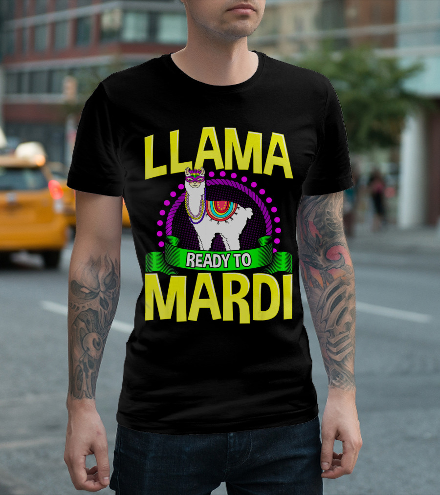 Llama Ready to Mardi Funny Llama Lover Festive Mask Beads Parade T-Shirt
