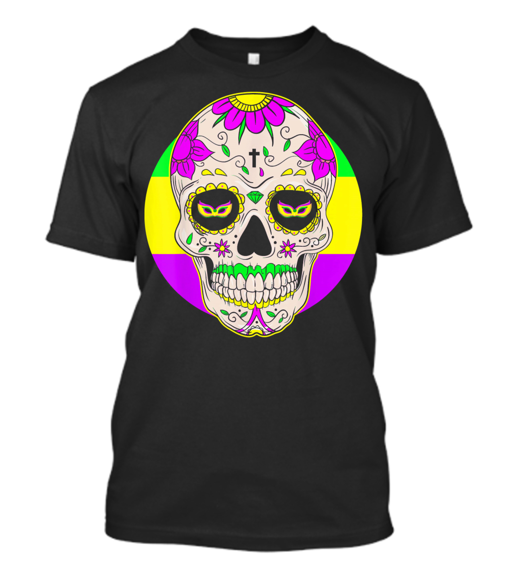 Mardi Gras Sugar Skull With Jester Hat And Mask Elements T-Shirt