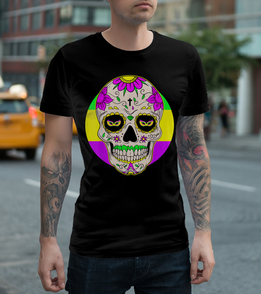 Mardi Gras Sugar Skull with Jester Hat and Mask Elements T-Shirt