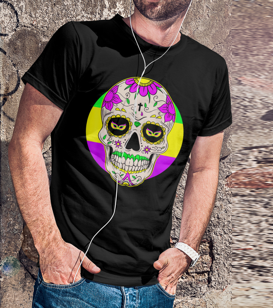 Mardi Gras Sugar Skull With Jester Hat And Mask Elements T-Shirt