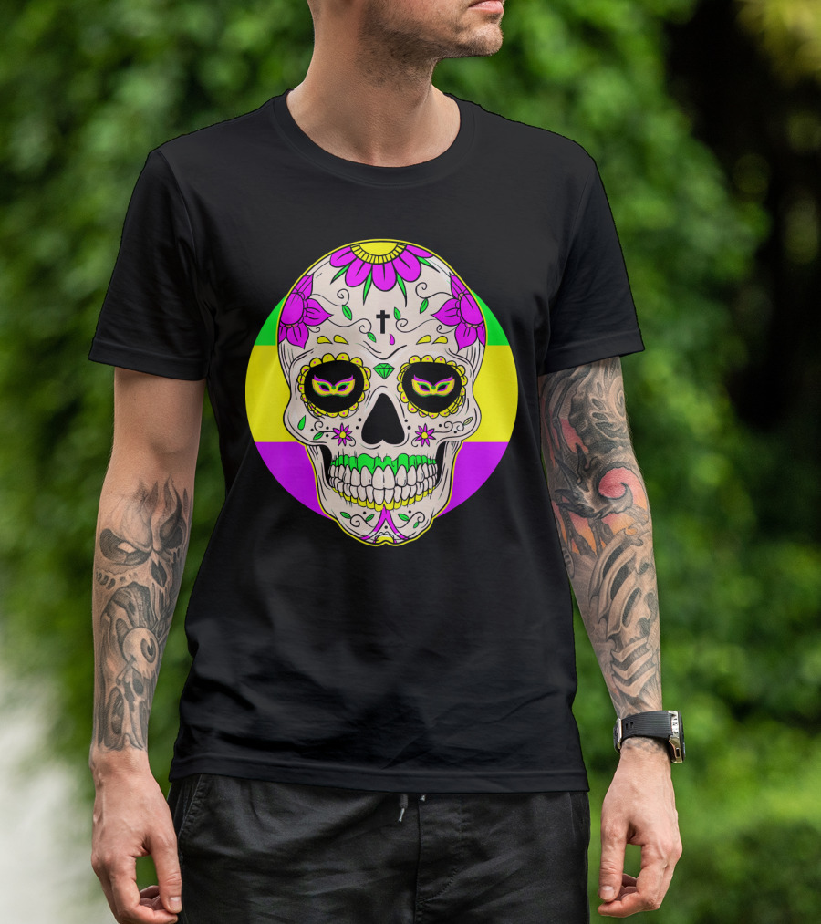 Mardi Gras Sugar Skull With Jester Hat And Mask Elements T-Shirt