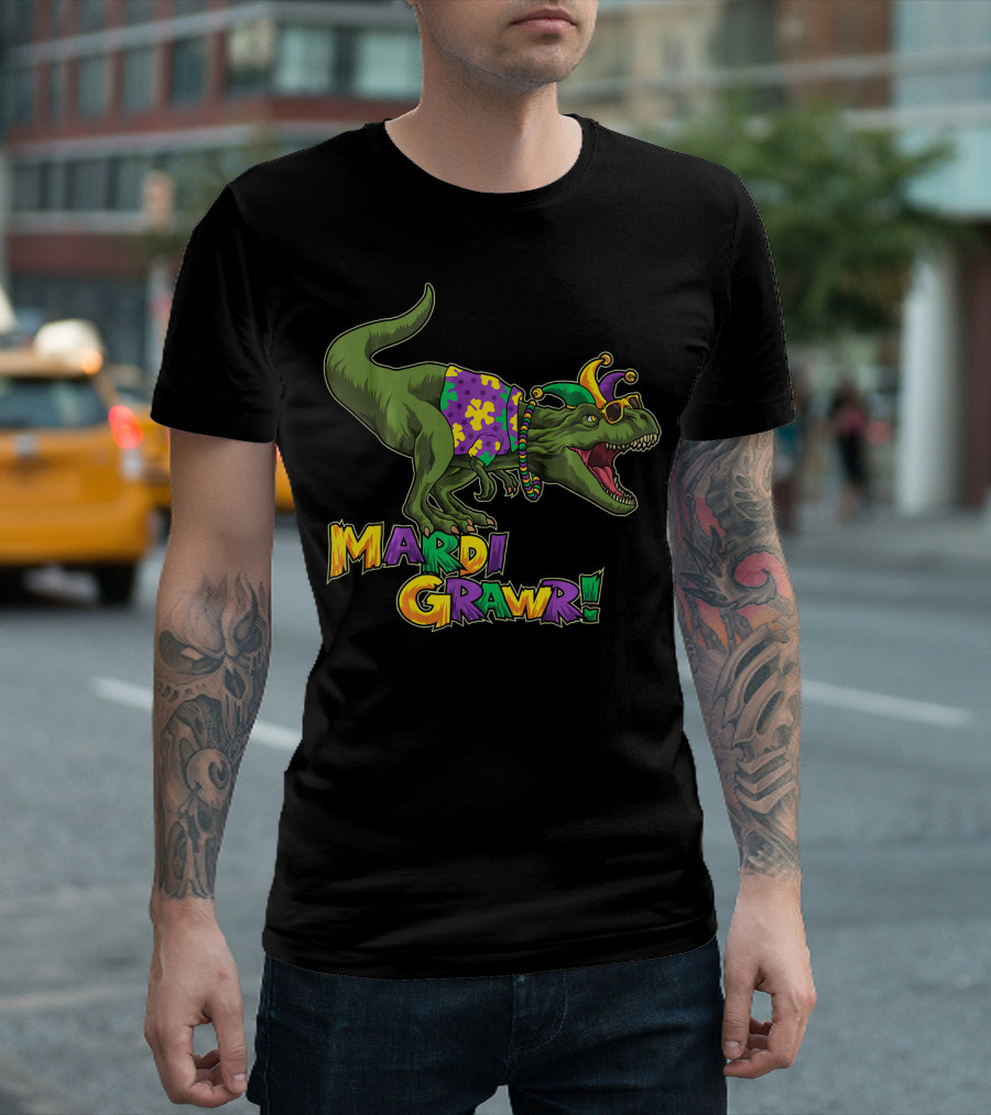 Mardi Grawr Dinosaur In Festive Jester Hat And Beads T-Shirt