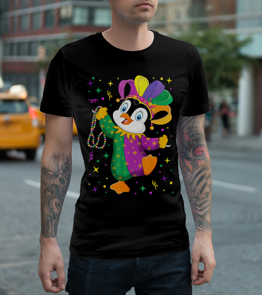 Cute Penguin Jester With Mardi Gras Colors And Beads T-Shirt
