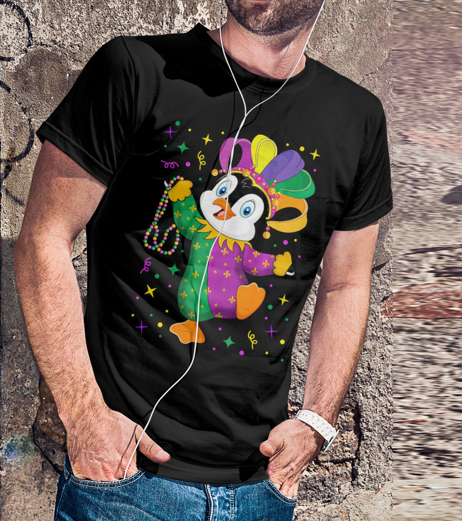 Cute Penguin Jester With Mardi Gras Colors And Beads T-Shirt