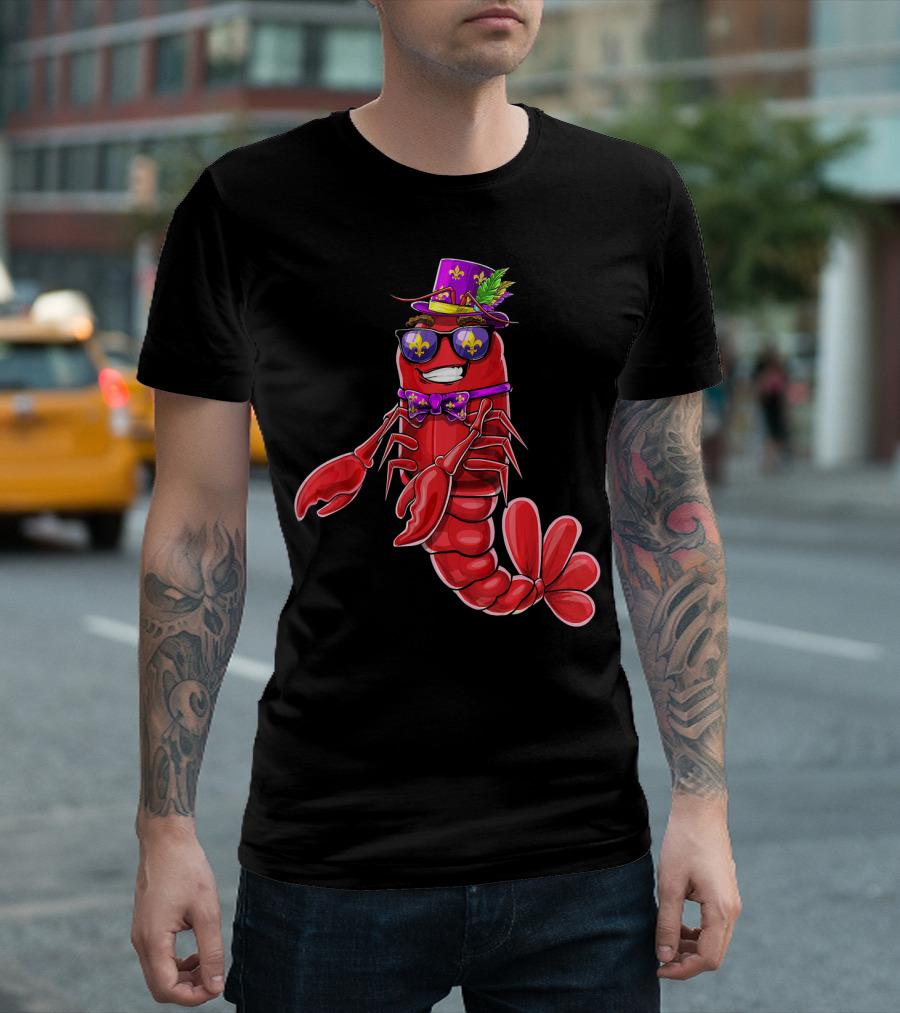 Flossing Crawfish in Mardi Gras Jester Hat with Beads and Fleur-de-lis Glasses T-Shirt
