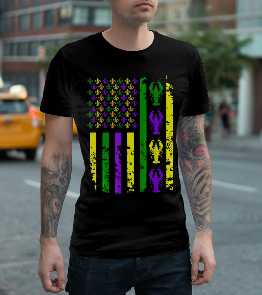 American Flag Mardi Gras Fleur De Lis Crawfish T-Shirt