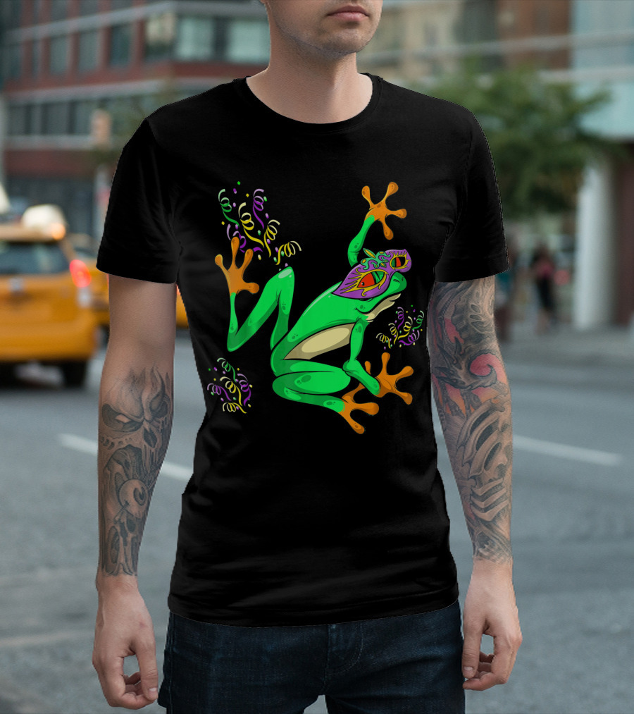 Frog in Mardi Gras Mask with Party Streamers T-Shirt