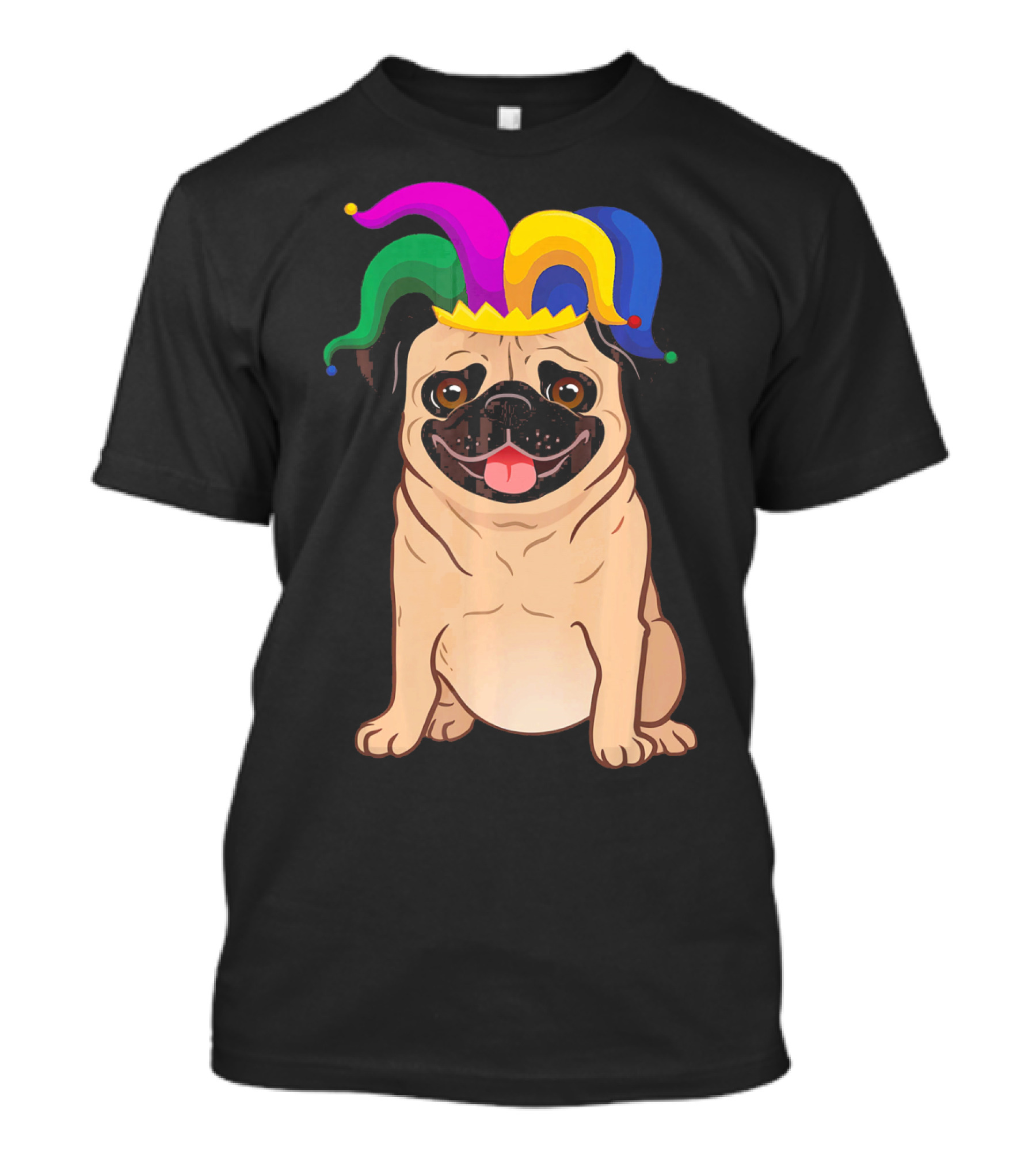 Pug Dog Wearing Colorful Jester Hat For Mardi Gras T-Shirt