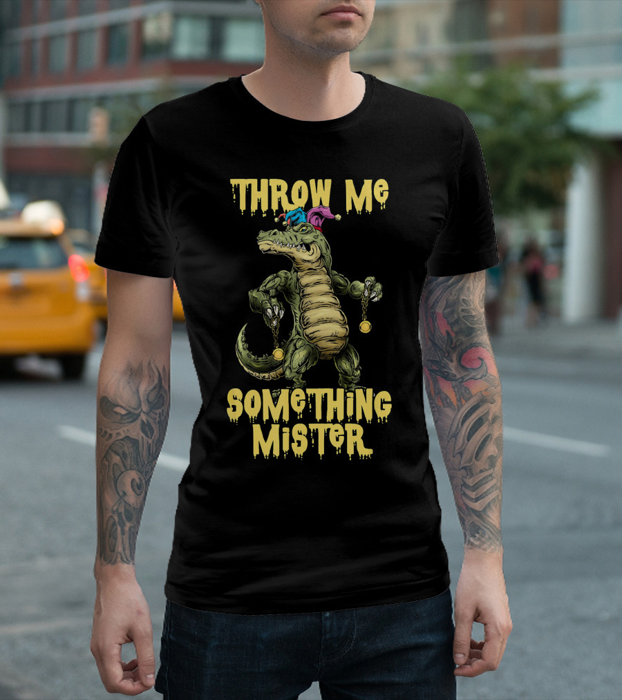 Throw Me Something Mister Mardi Gras Alligator With Beads And Jester Hat T-Shirt