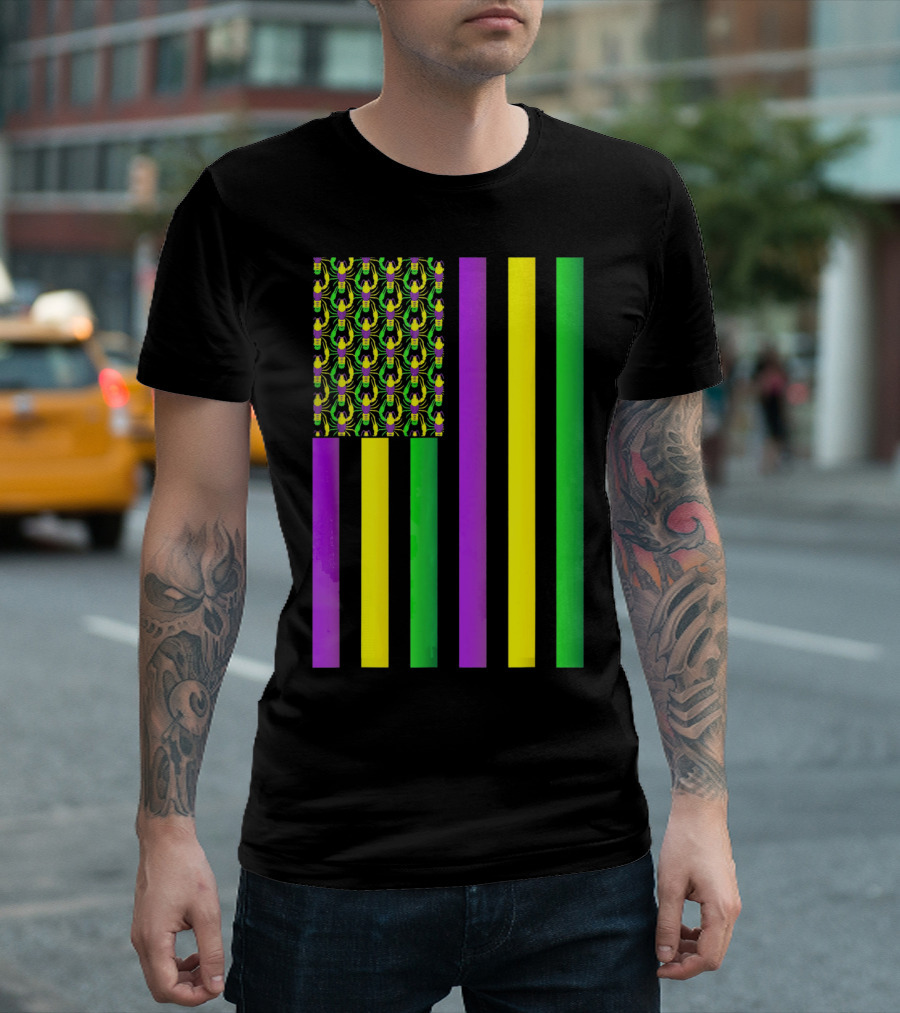 Usa Flag Mardi Gras Crawfish Purple Yellow Green Stripes T-Shirt