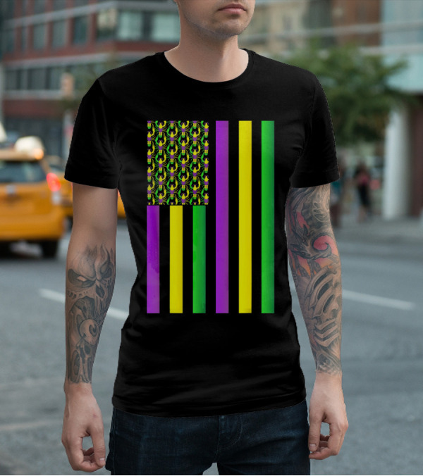 Usa Flag Mardi Gras Crawfish Purple Yellow Green Stripes T-Shirt