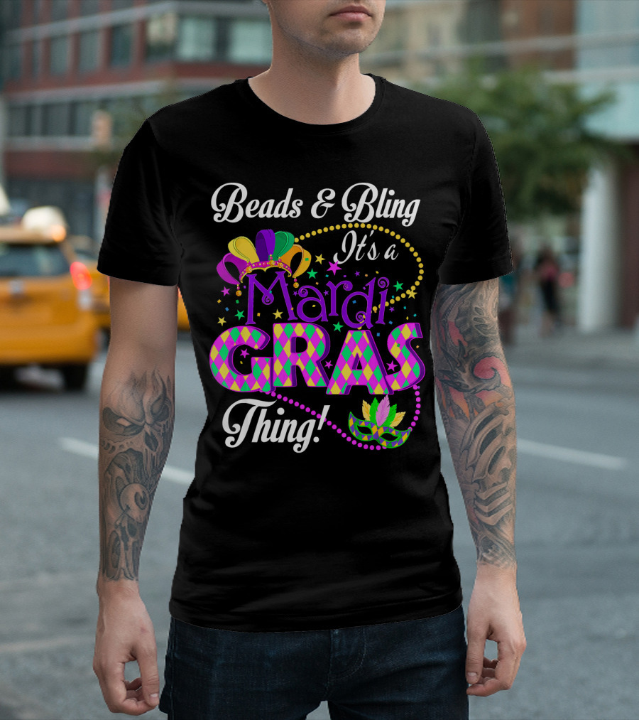 Beads and Bling It's a Mardi Gras Thing Colorful Crown and Mask T-Shirt
