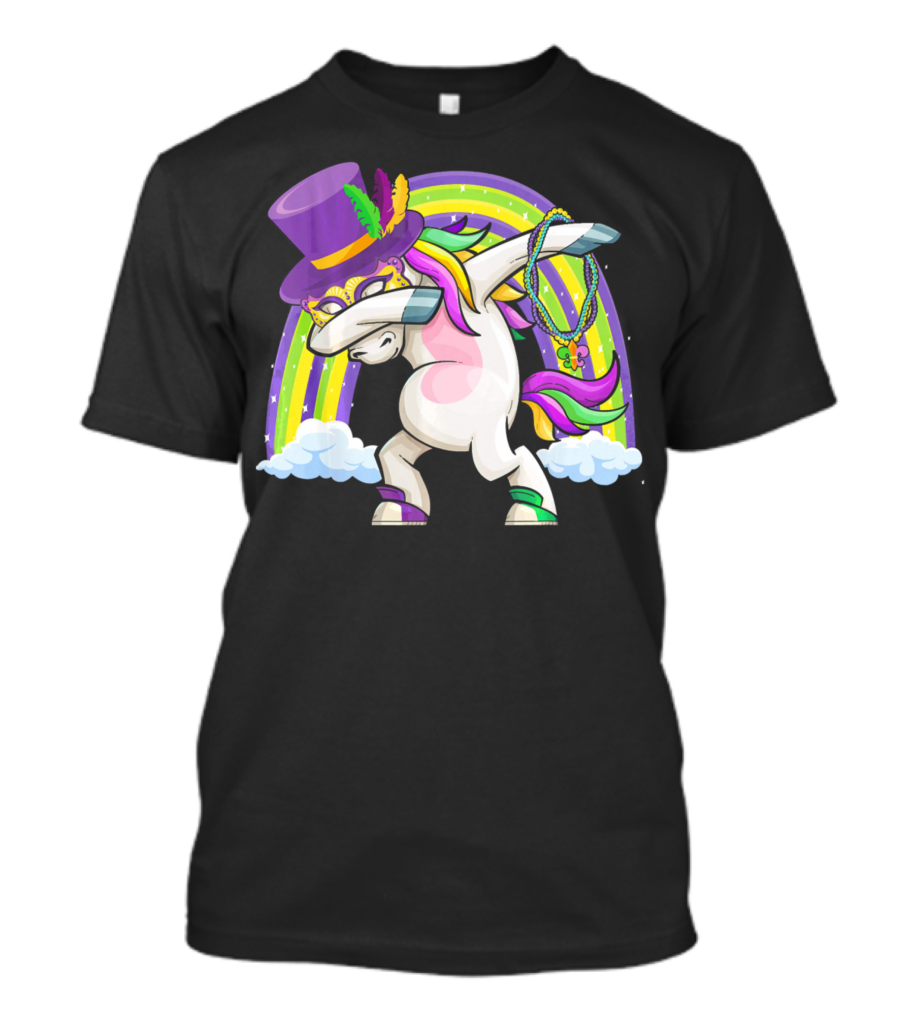 Mardi Gras Dabbing Unicorn Masked With Beads And Hat T-Shirt