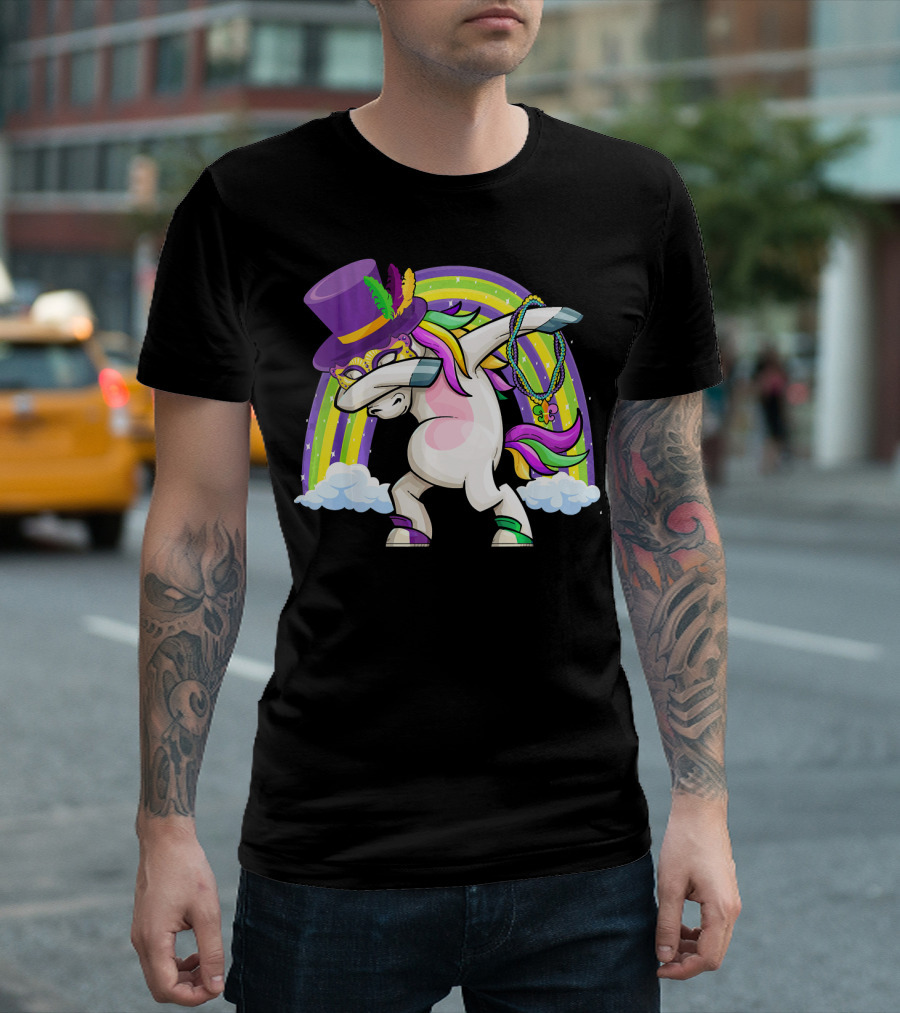 Mardi Gras Dabbing Unicorn Masked With Beads And Hat T-Shirt