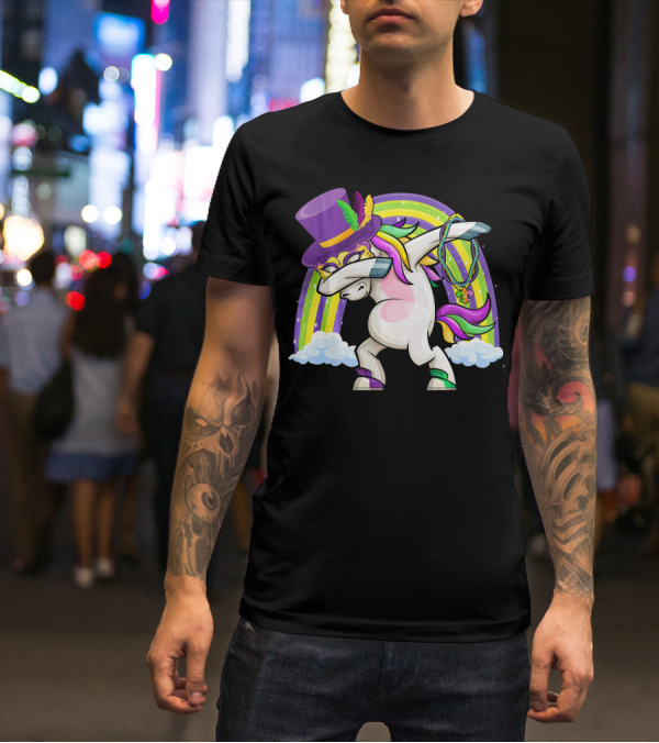 Mardi Gras Dabbing Unicorn Masked With Beads And Hat T-Shirt