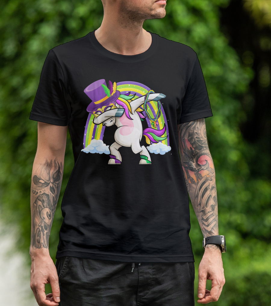 Mardi Gras Dabbing Unicorn Masked With Beads And Hat T-Shirt