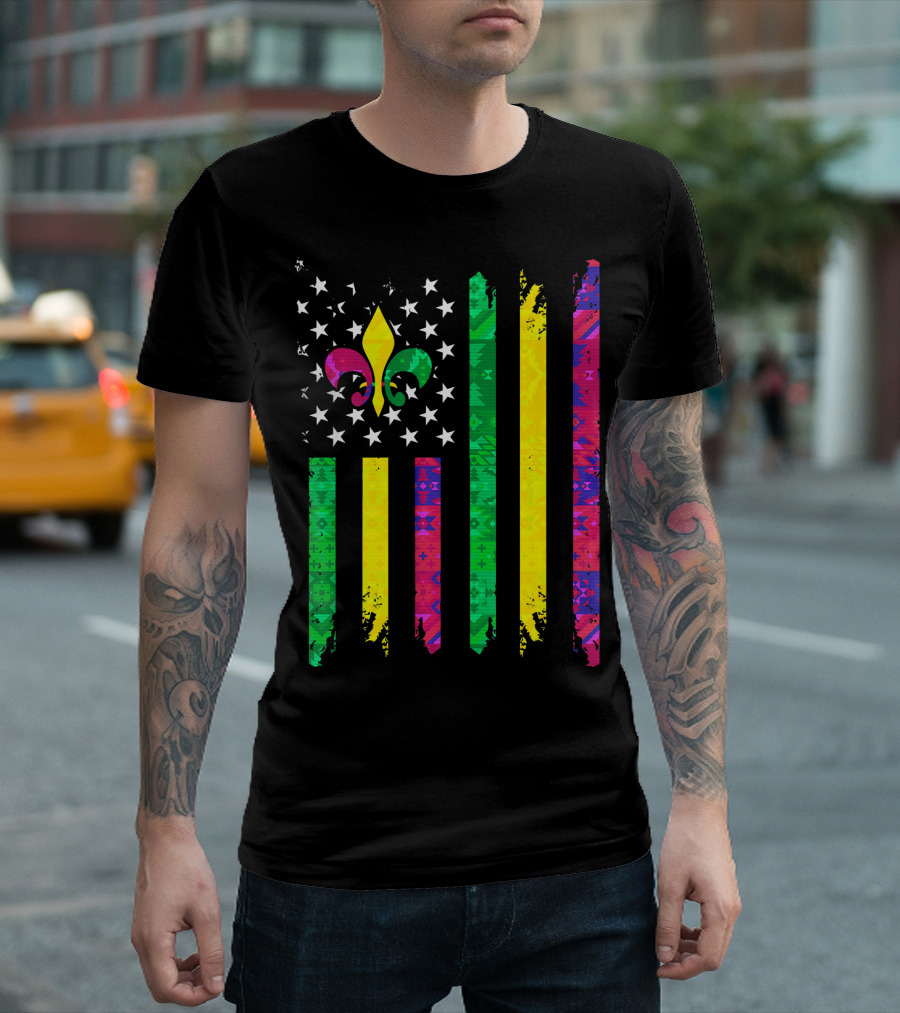 Mardi Gras Colors Fleur De Lis American Flag T-Shirt