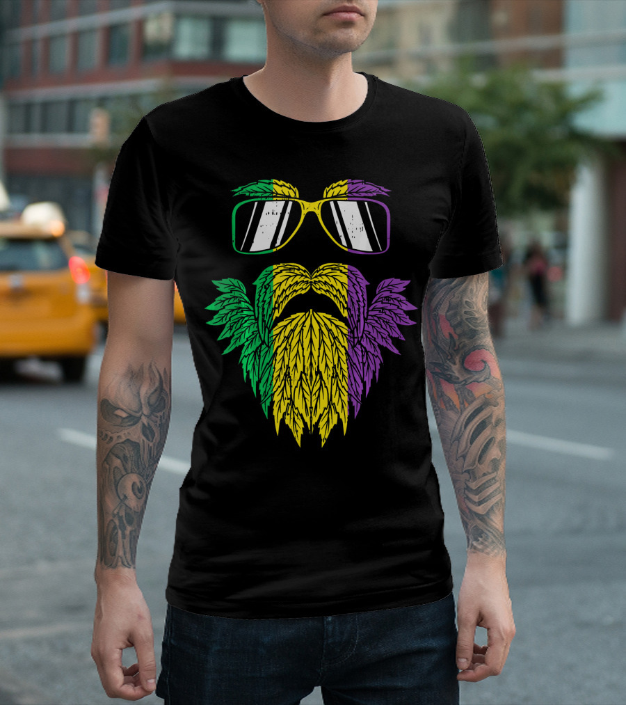 Purple Green Yellow Beard Sunglasses Mardi Gras Hipster T-Shirt