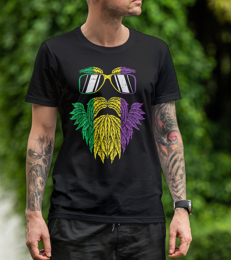 Purple Green Yellow Beard Sunglasses Mardi Gras Hipster T-Shirt