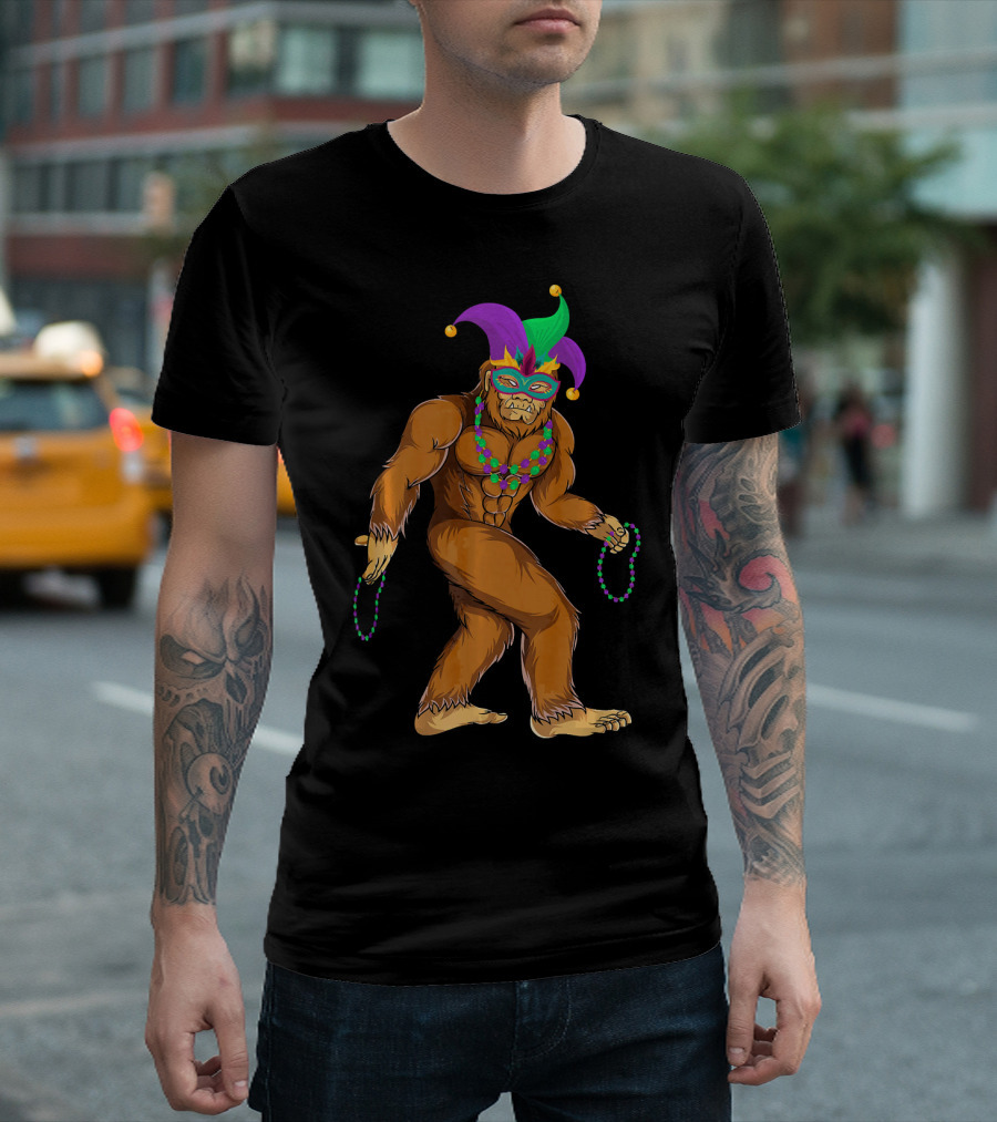 Mardi Gras Bigfoot Wearing Jester Hat Mask and Beads T-Shirt