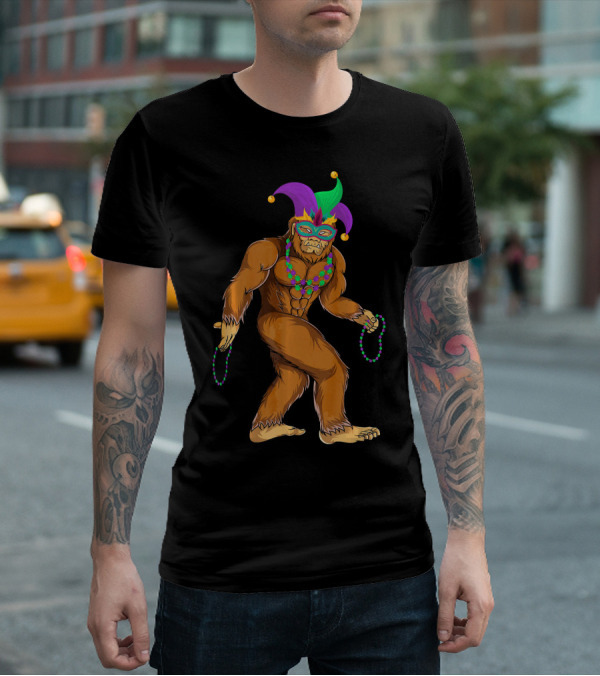 Mardi Gras Bigfoot Wearing Jester Hat Mask And Beads T-Shirt