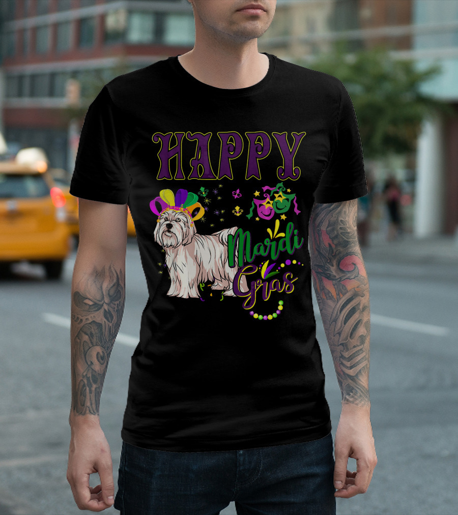 Happy Mardi Gras Maltese with Colorful Masks and Beads T-Shirt