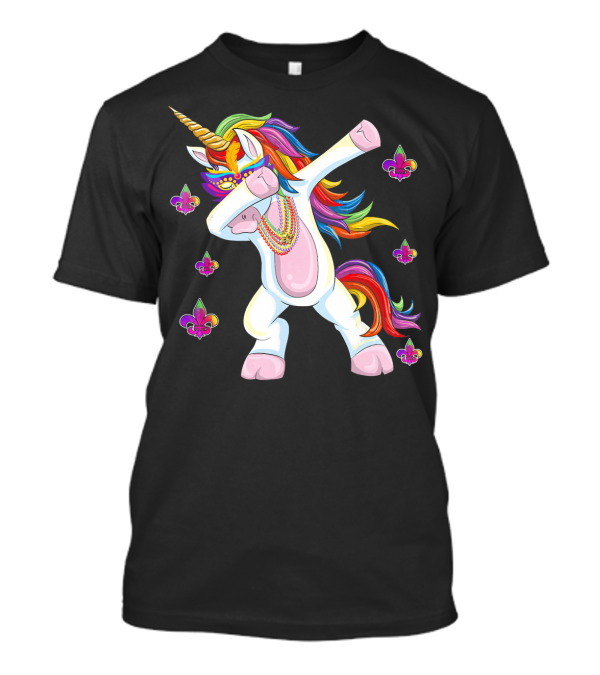Mardi Gras New Orleans Unicorn Dabbing Fleur-de-Lis Beads T-Shirt