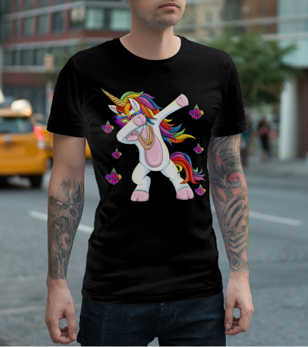 Mardi Gras New Orleans Unicorn Dabbing Fleur-de-Lis Beads T-Shirt