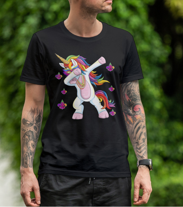 Mardi Gras New Orleans Unicorn Dabbing Fleur-de-Lis Beads T-Shirt
